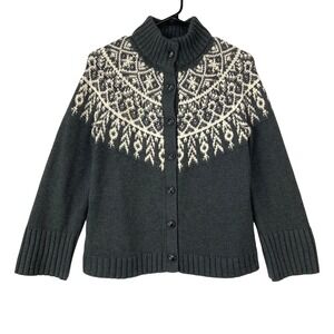 J. Jill Womens XS Petite Fair Isle Mock Neck Button Front Cardigan Sweater Gray